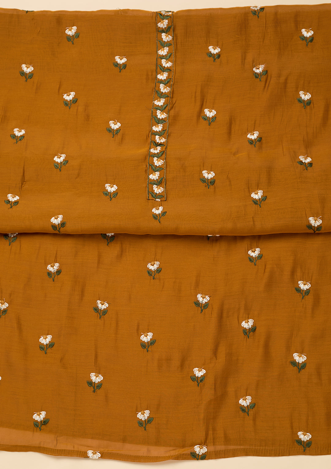 Mustard Threadwork Semi Crepe Unstitched Salwar Suit
