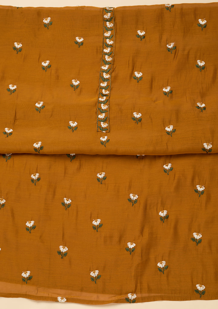 Mustard Threadwork Semi Crepe Unstitched Salwar Suit
