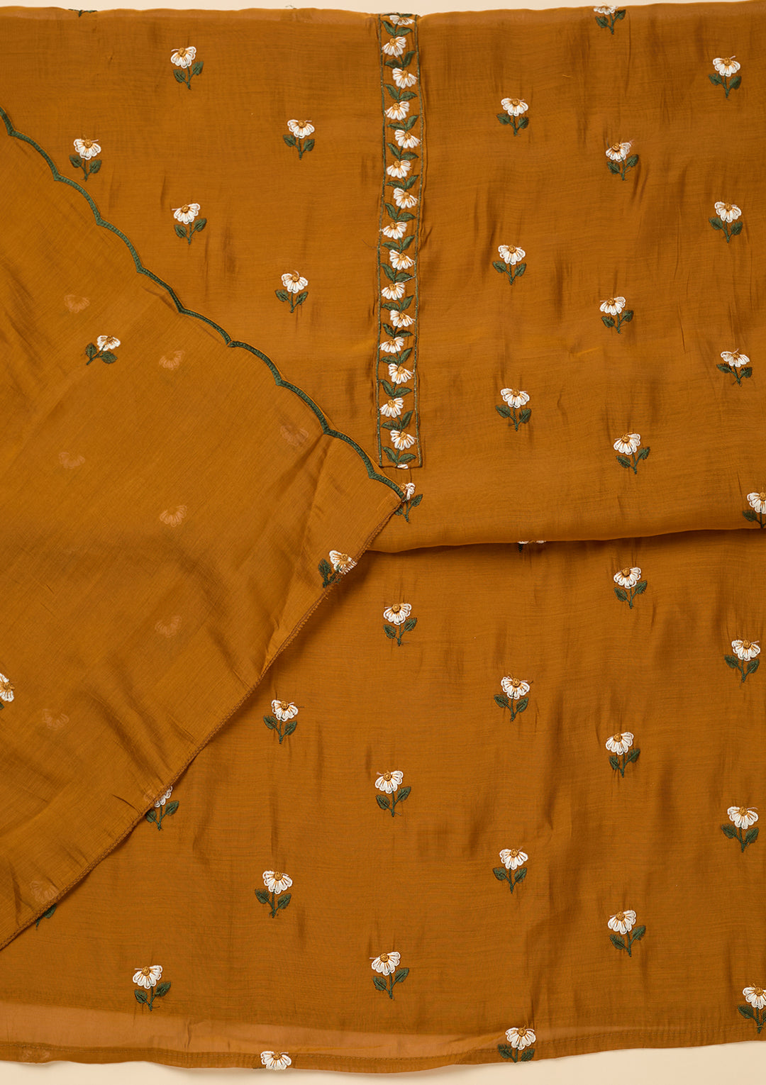 Mustard Threadwork Semi Crepe Unstitched Salwar Suit