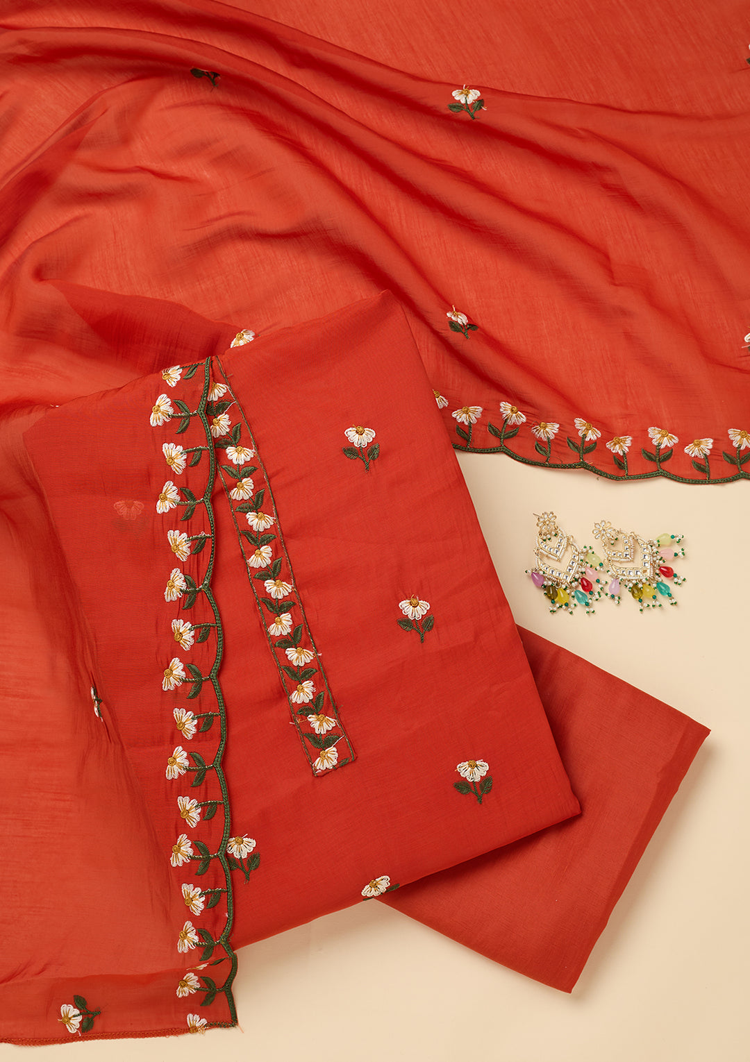 Orange Threadwork Semi Crepe Unstitched Salwar Suit