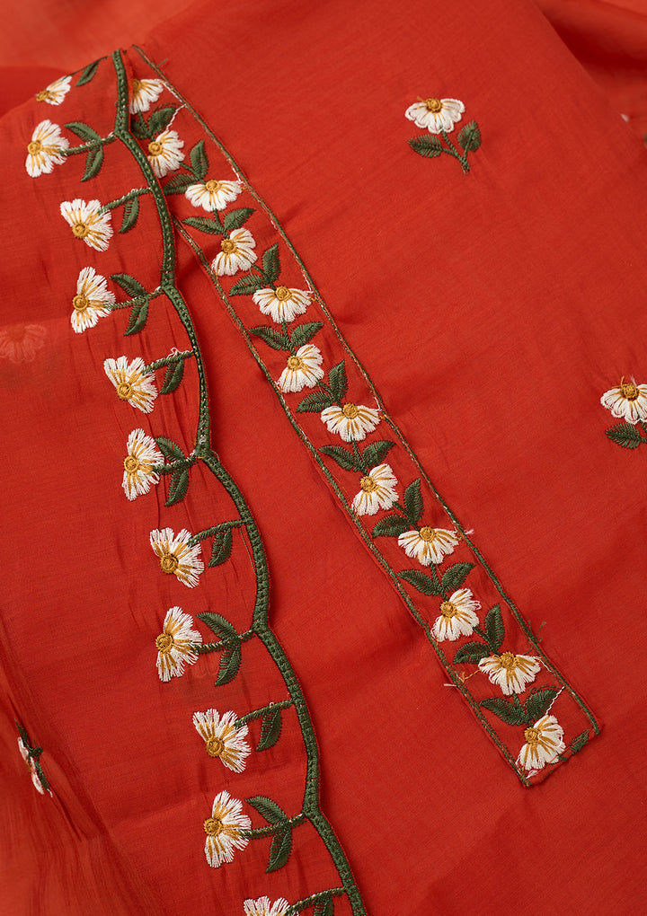 Orange Threadwork Semi Crepe Unstitched Salwar Suit