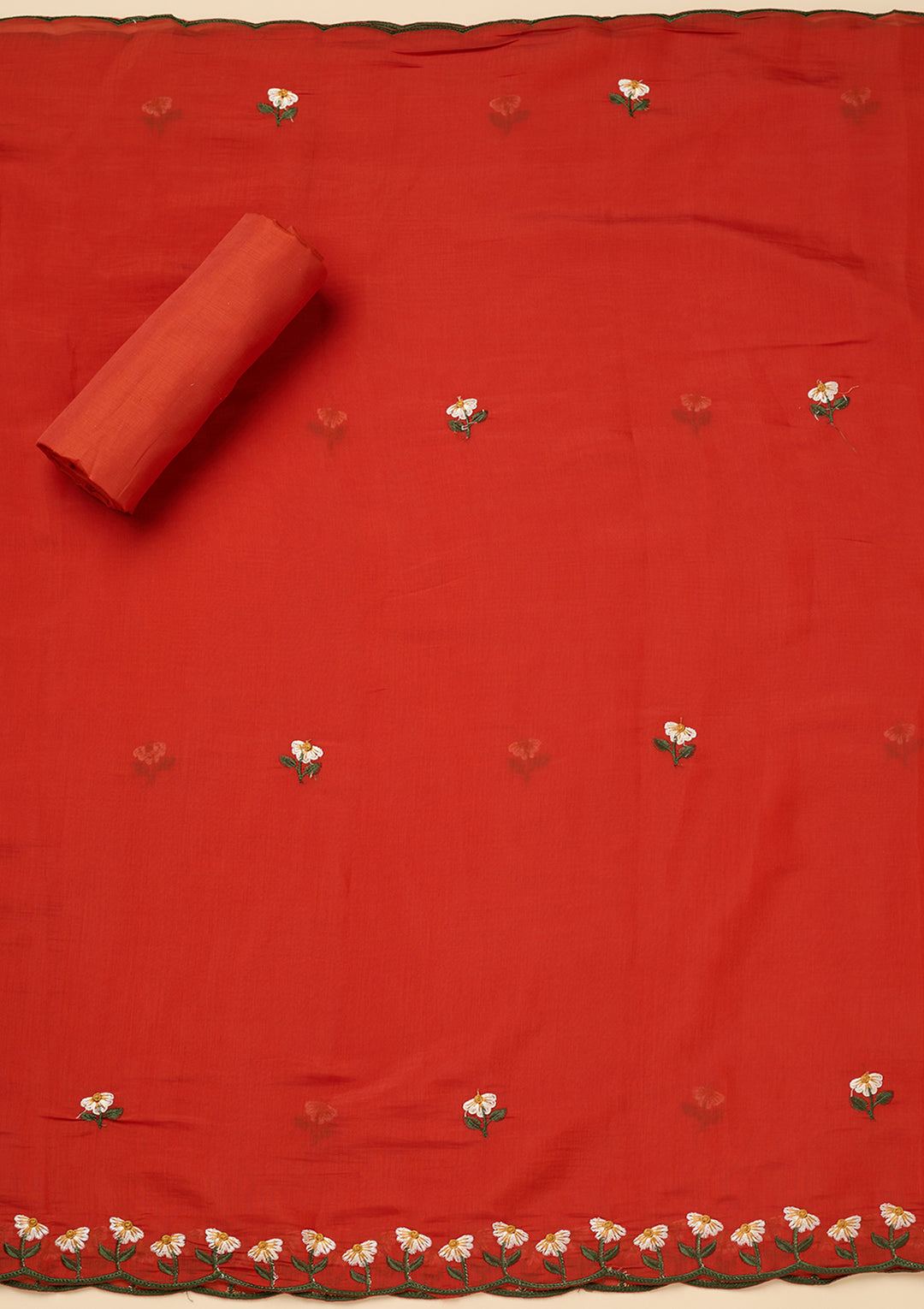 Orange Threadwork Semi Crepe Unstitched Salwar Suit