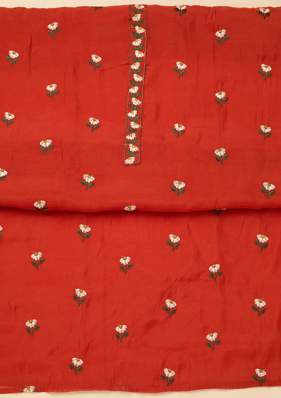 Orange Threadwork Semi Crepe Unstitched Salwar Suit