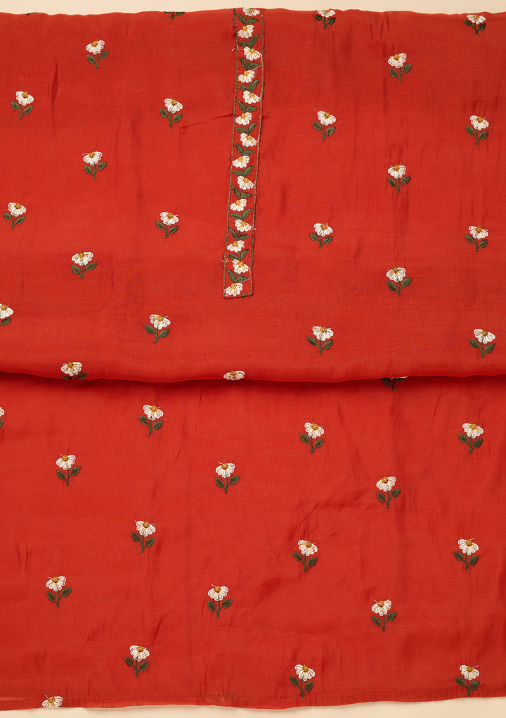Orange Threadwork Semi Crepe Unstitched Salwar Suit