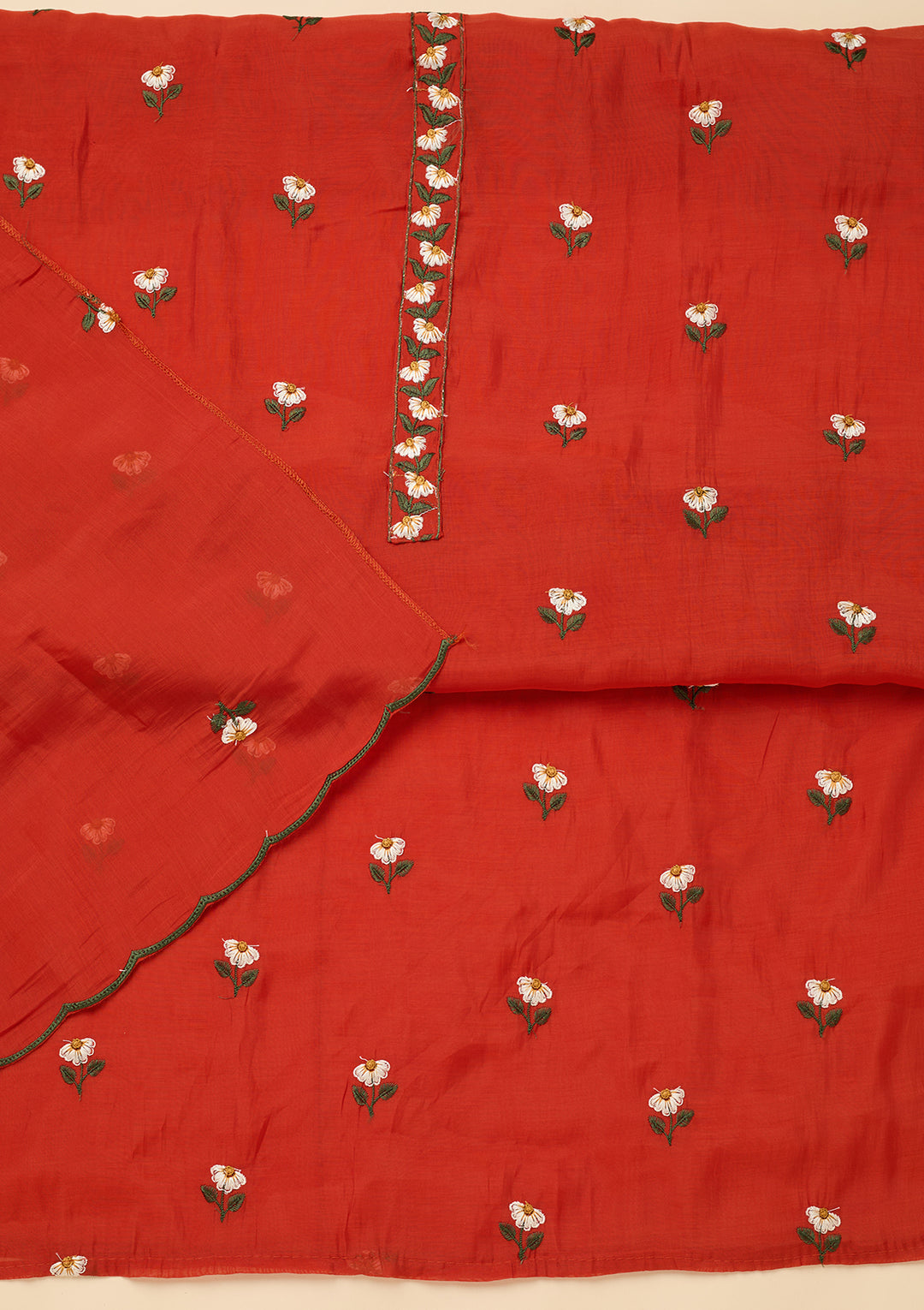 Orange Threadwork Semi Crepe Unstitched Salwar Suit