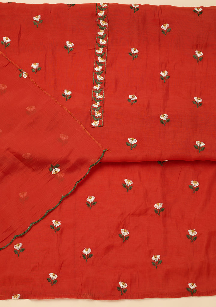 Orange Threadwork Semi Crepe Unstitched Salwar Suit