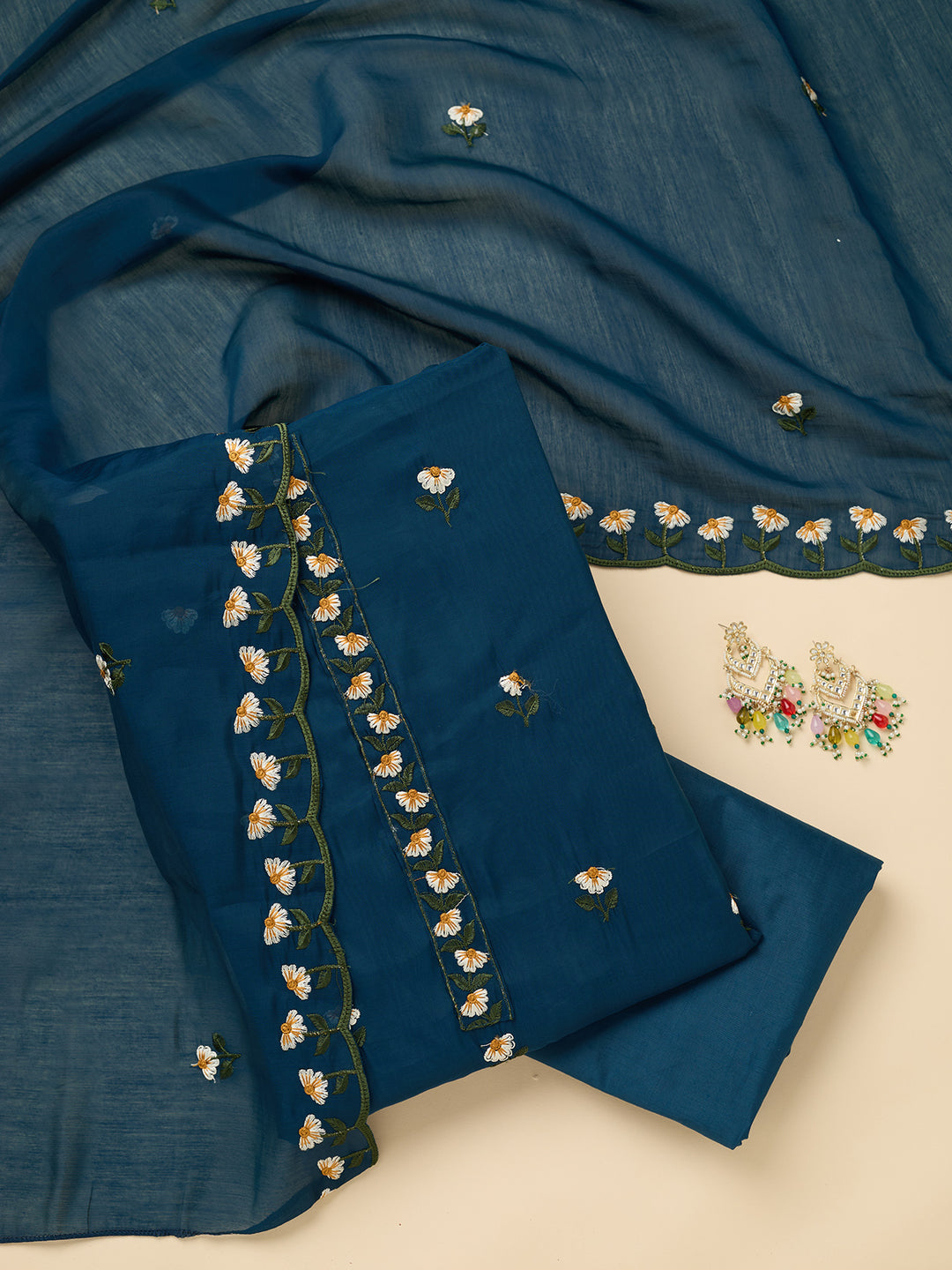 Peacock Blue Threadwork Semi Crepe Unstitched Salwar Suit