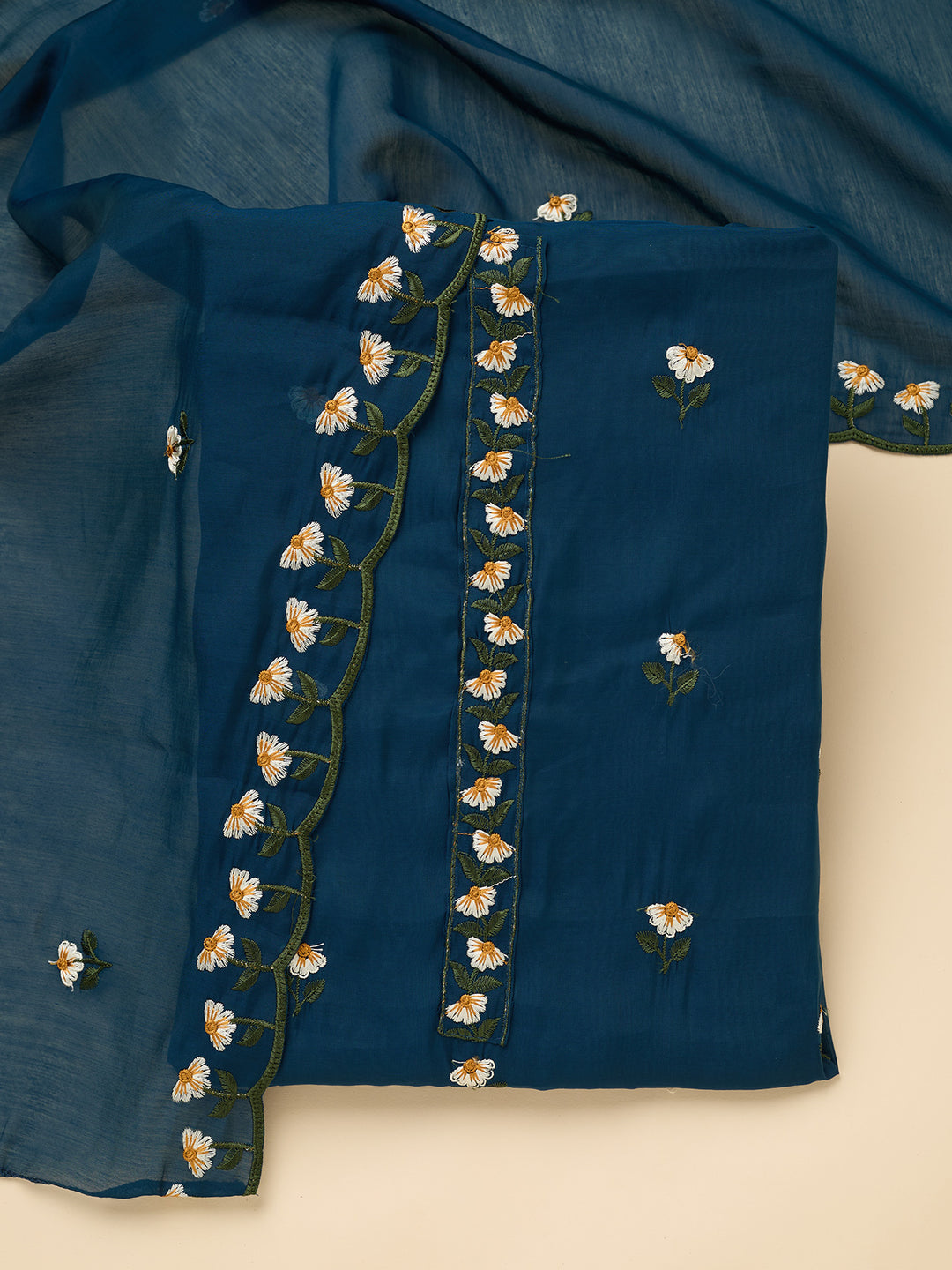 Peacock Blue Threadwork Semi Crepe Unstitched Salwar Suit