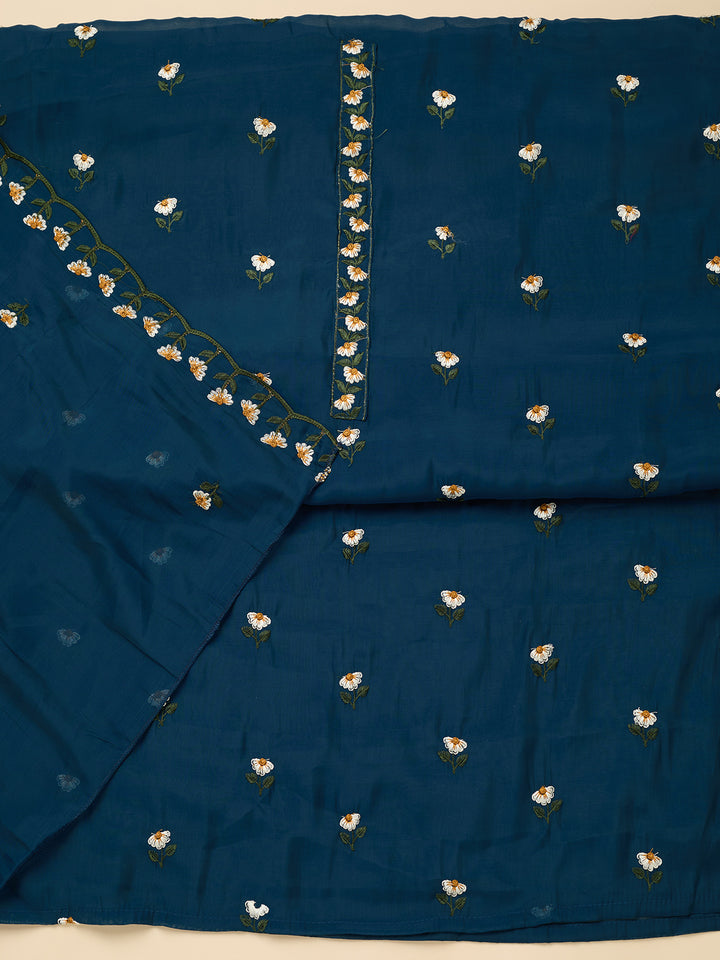 Peacock Blue Threadwork Semi Crepe Unstitched Salwar Suit
