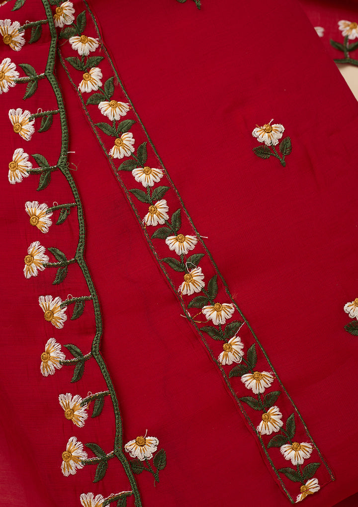 Red Threadwork Semi Crepe Unstitched Salwar Suit