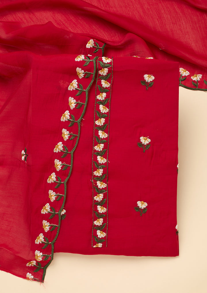 Red Threadwork Semi Crepe Unstitched Salwar Suit