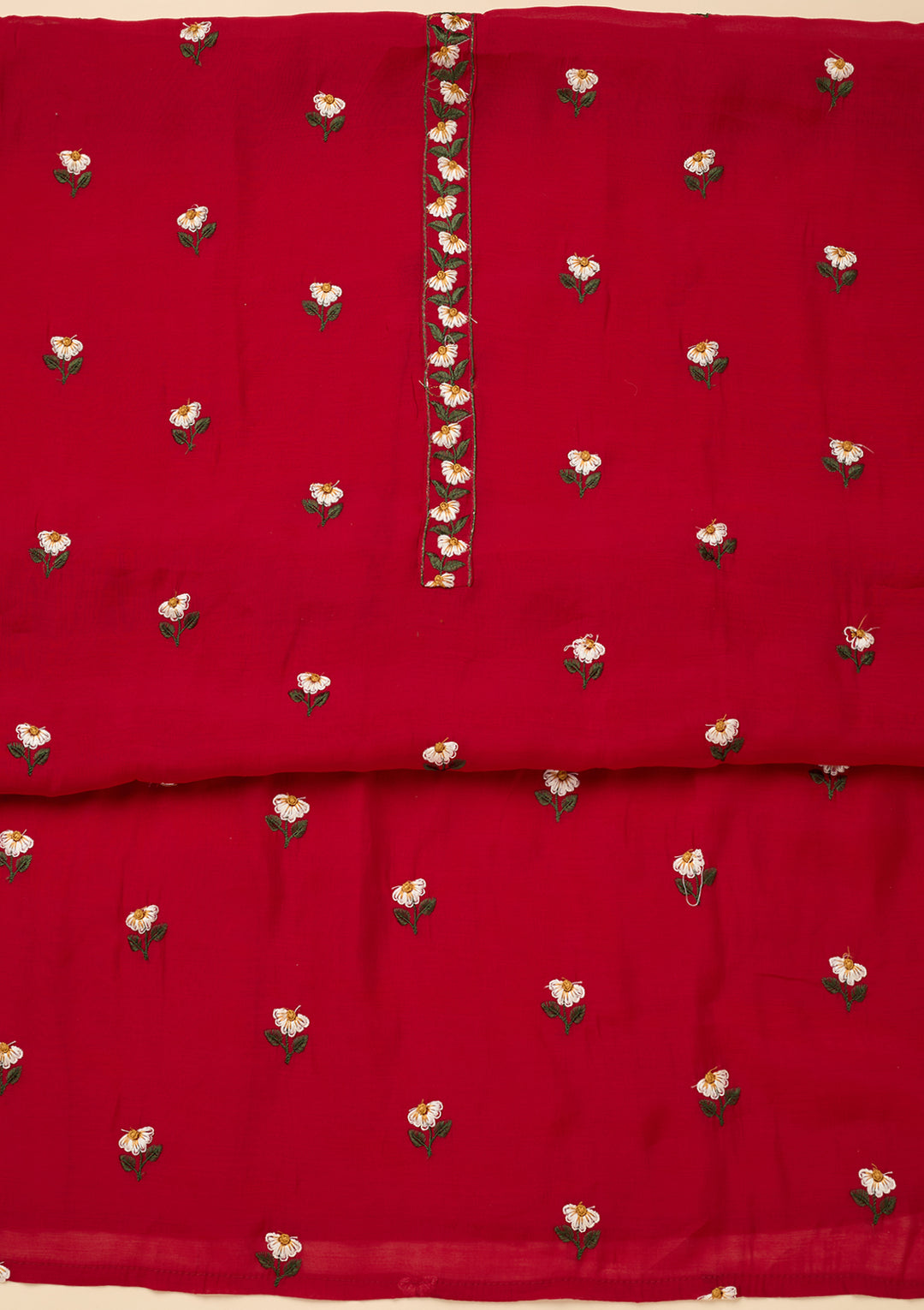 Red Threadwork Semi Crepe Unstitched Salwar Suit