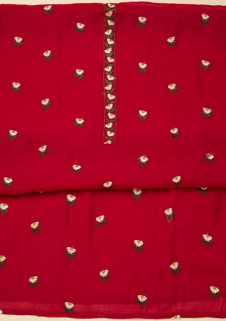 Red Threadwork Semi Crepe Unstitched Salwar Suit
