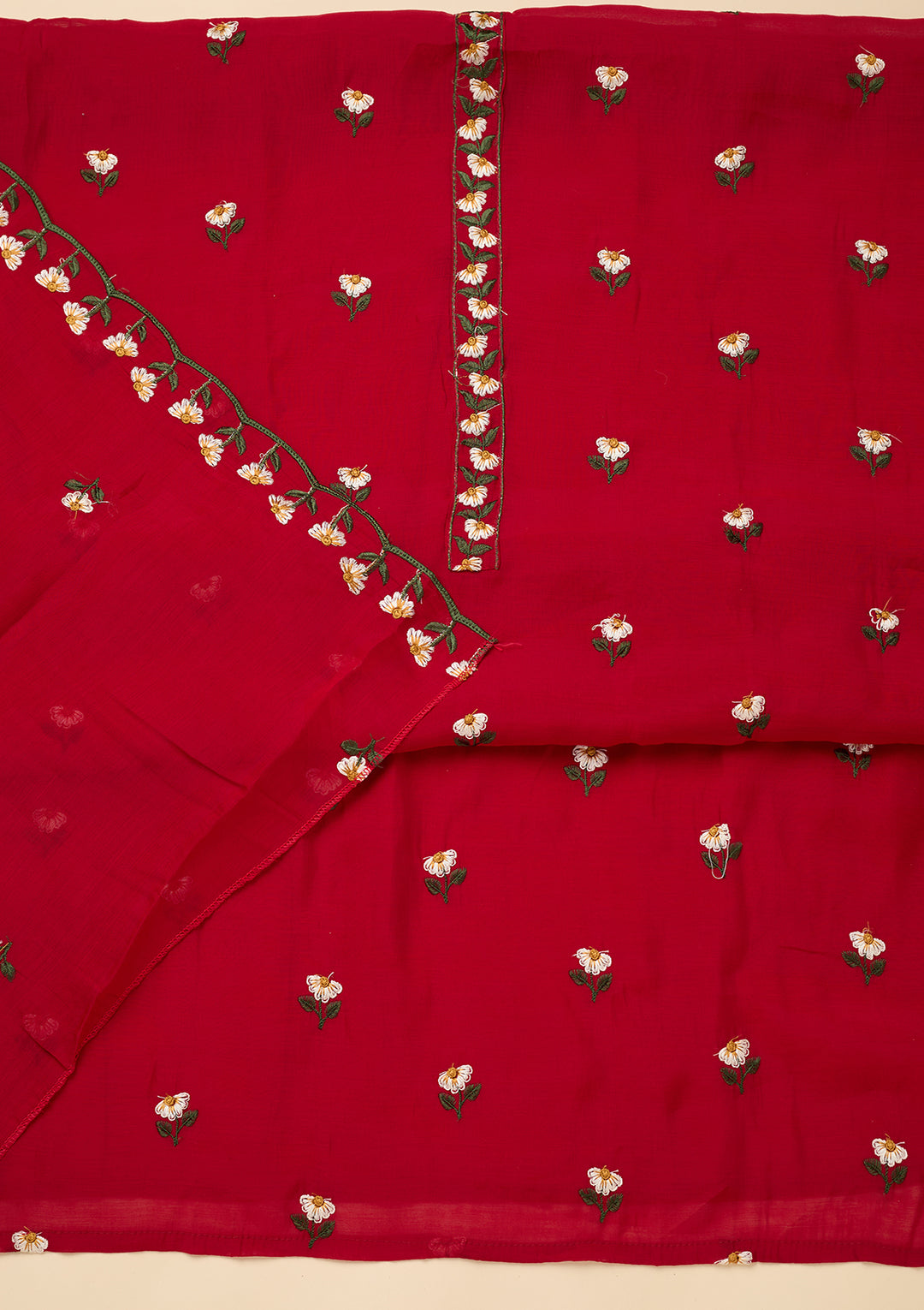 Red Threadwork Semi Crepe Unstitched Salwar Suit