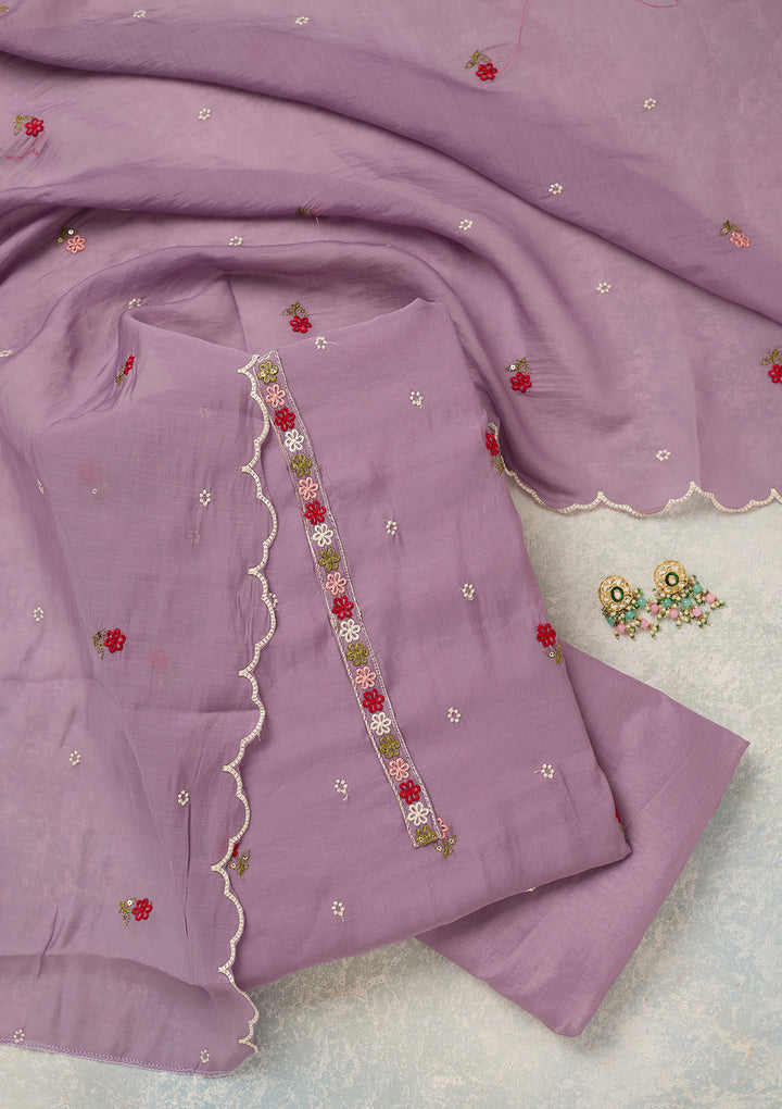 Lavender Chanderi Threadwork Unstitched Dress Material With Matching Bottom And Dupatta