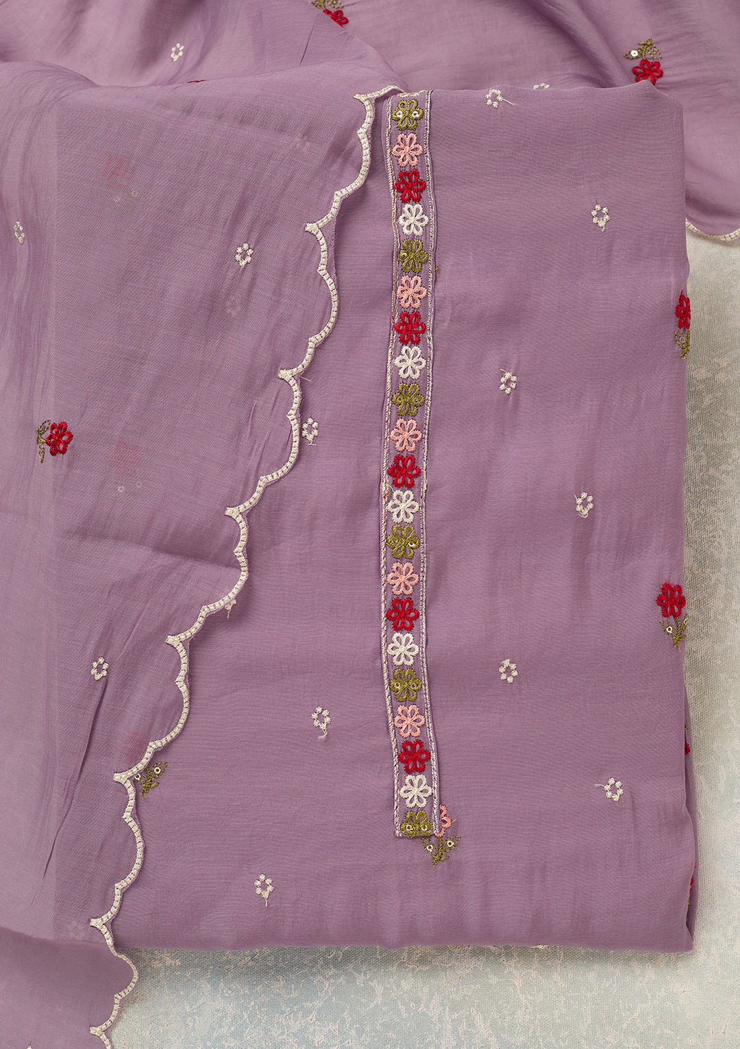 Lavender Chanderi Threadwork Unstitched Dress Material With Matching Bottom And Dupatta