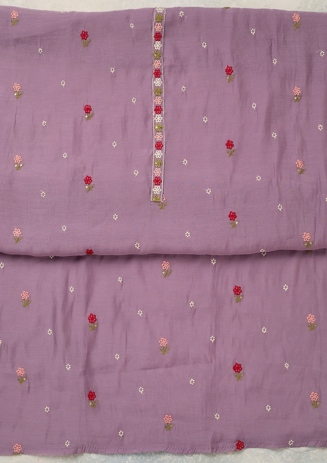 Lavender Chanderi Threadwork Unstitched Dress Material With Matching Bottom And Dupatta