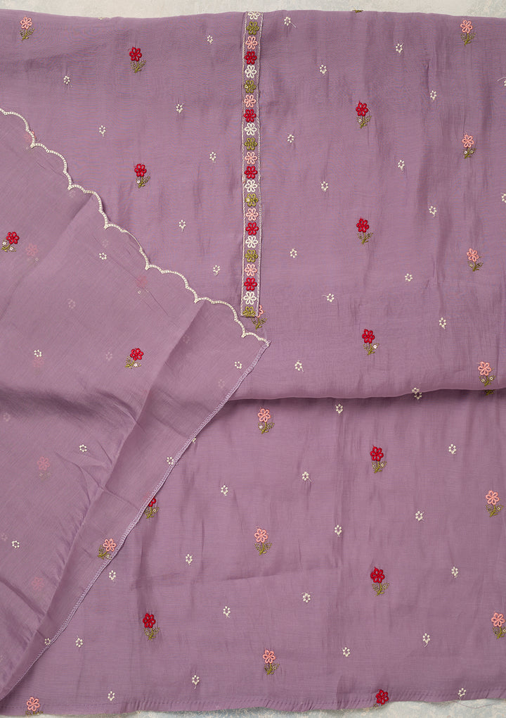 Lavender Chanderi Threadwork Unstitched Dress Material With Matching Bottom And Dupatta