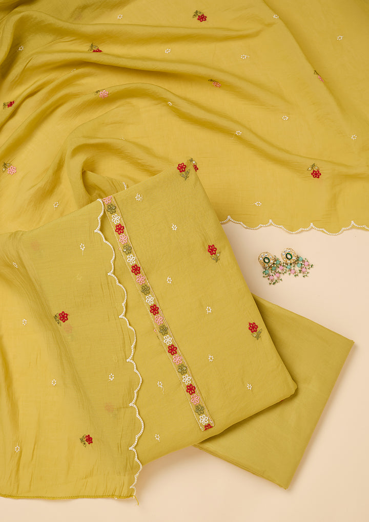Lemon Yellow Chanderi Threadwork Unstitched Dress Material With Matching Bottom And Dupatta