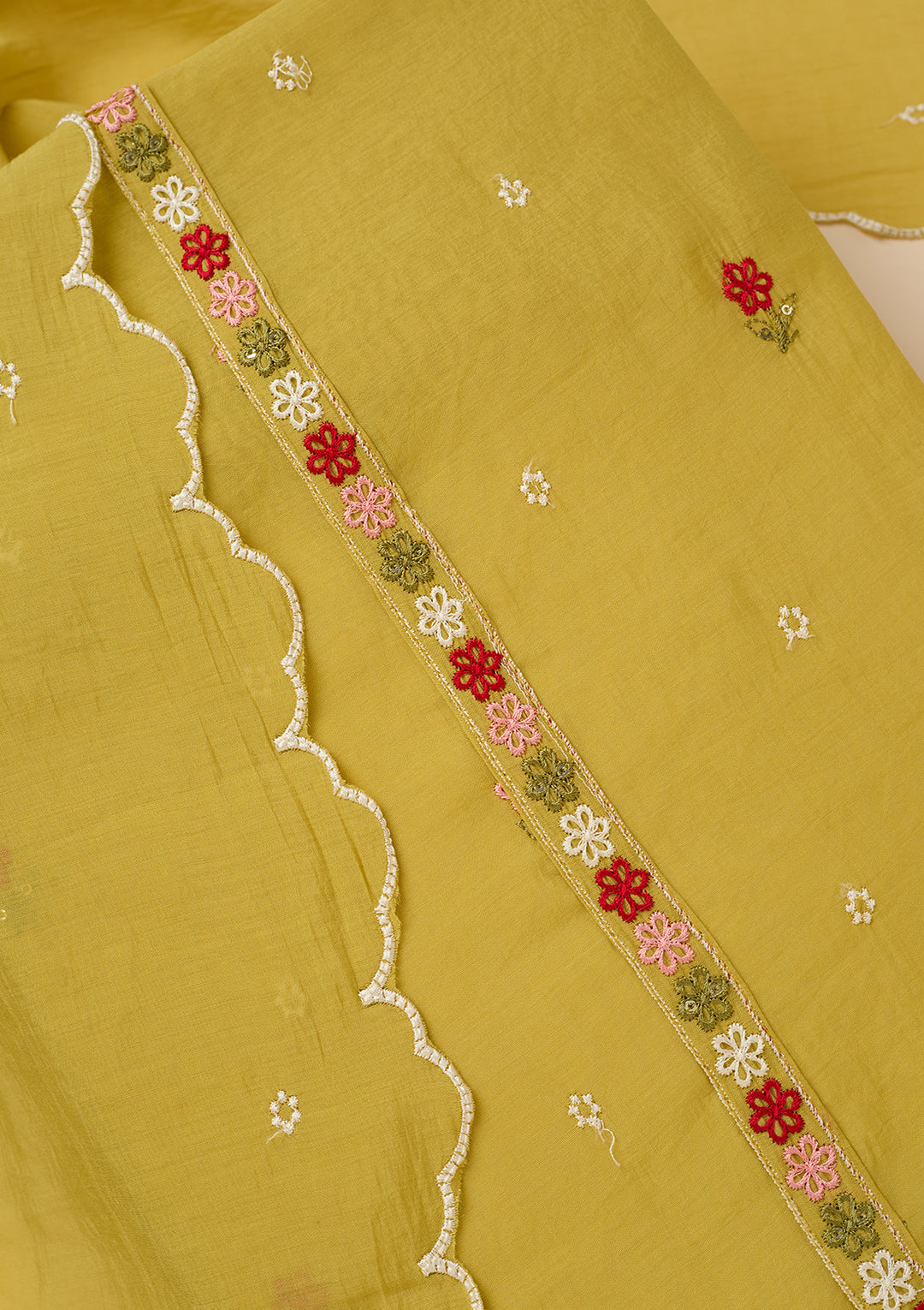 Lemon Yellow Chanderi Threadwork Unstitched Dress Material With Matching Bottom And Dupatta