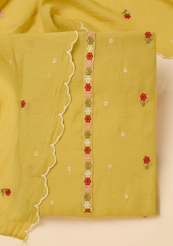 Lemon Yellow Chanderi Threadwork Unstitched Dress Material With Matching Bottom And Dupatta