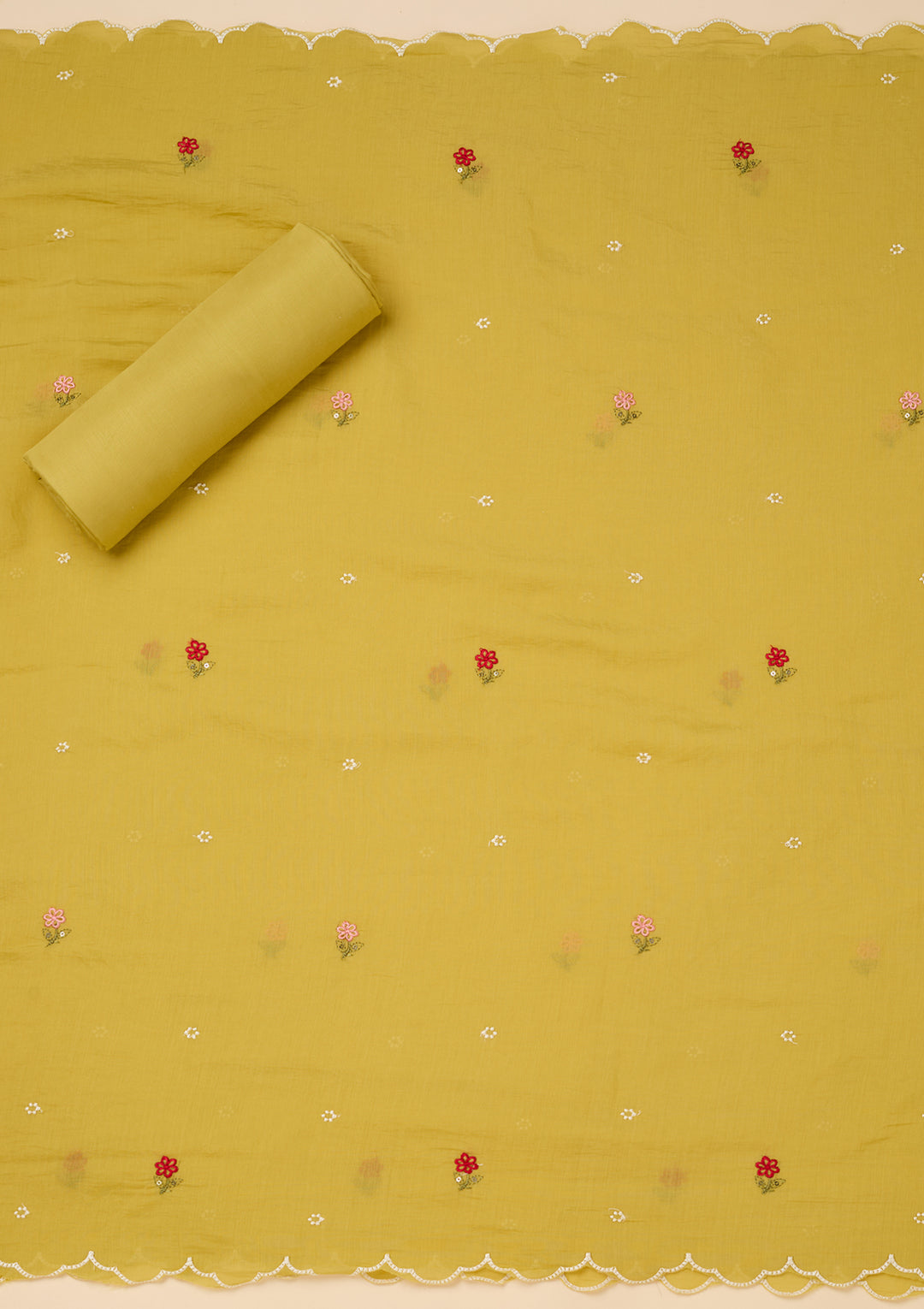 Lemon Yellow Chanderi Threadwork Unstitched Dress Material With Matching Bottom And Dupatta