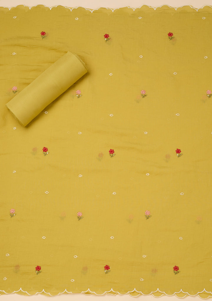 Lemon Yellow Chanderi Threadwork Unstitched Dress Material With Matching Bottom And Dupatta