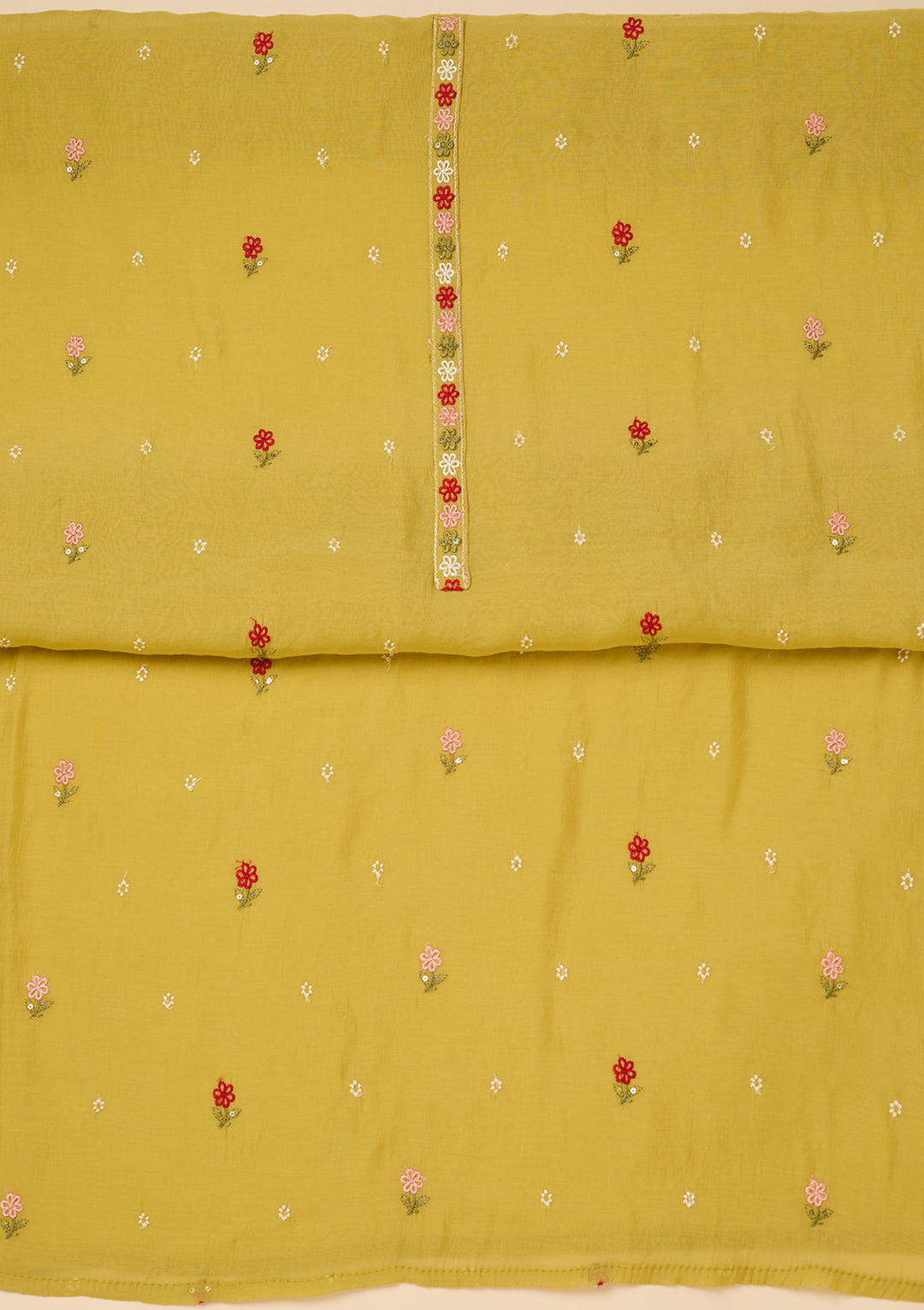 Lemon Yellow Chanderi Threadwork Unstitched Dress Material With Matching Bottom And Dupatta