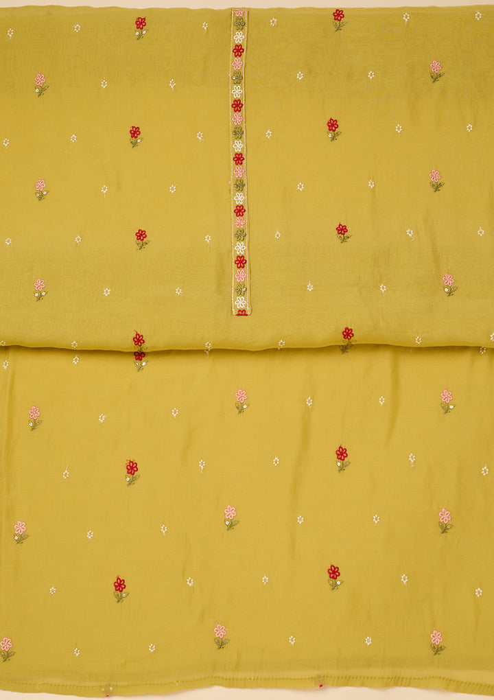 Lemon Yellow Chanderi Threadwork Unstitched Dress Material With Matching Bottom And Dupatta