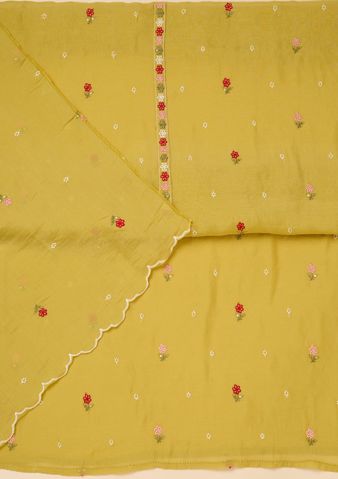 Lemon Yellow Chanderi Threadwork Unstitched Dress Material With Matching Bottom And Dupatta