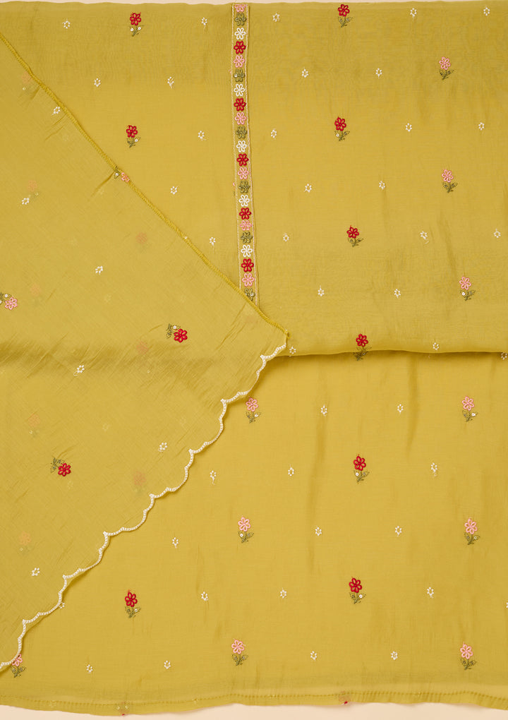 Lemon Yellow Chanderi Threadwork Unstitched Dress Material With Matching Bottom And Dupatta