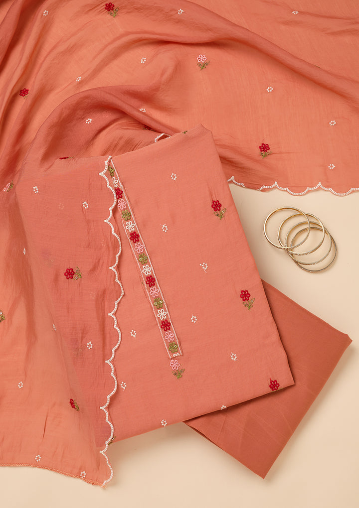 Peach Chanderi Threadwork Unstitched Dress Material With Matching Bottom And Dupatta