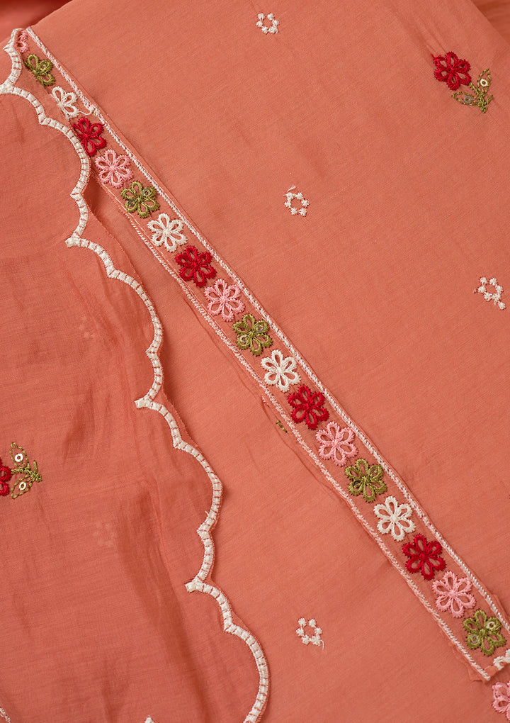 Peach Chanderi Threadwork Unstitched Dress Material With Matching Bottom And Dupatta