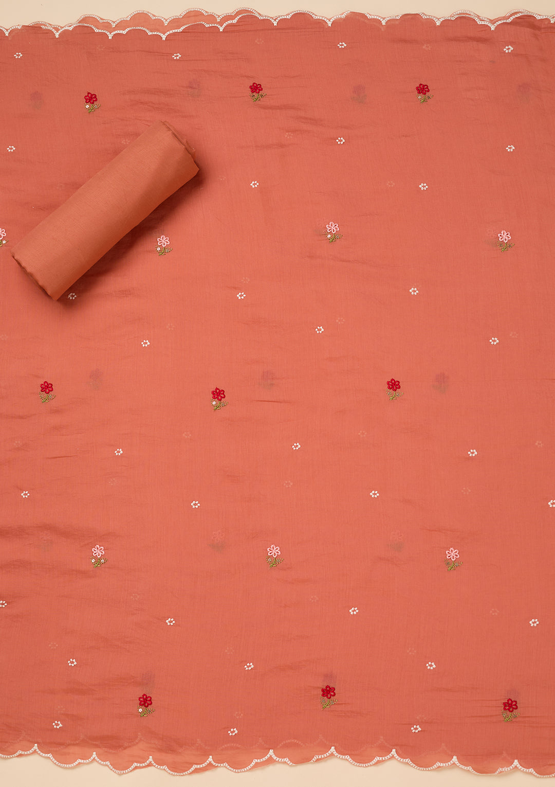 Peach Chanderi Threadwork Unstitched Dress Material With Matching Bottom And Dupatta