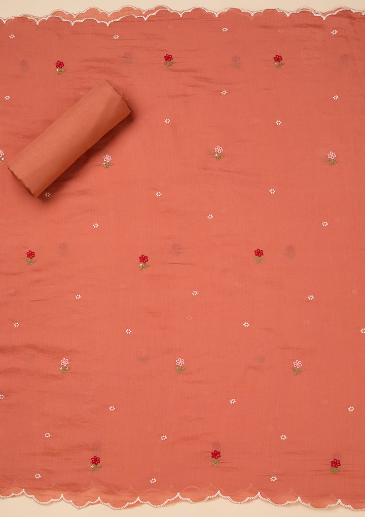 Peach Chanderi Threadwork Unstitched Dress Material With Matching Bottom And Dupatta