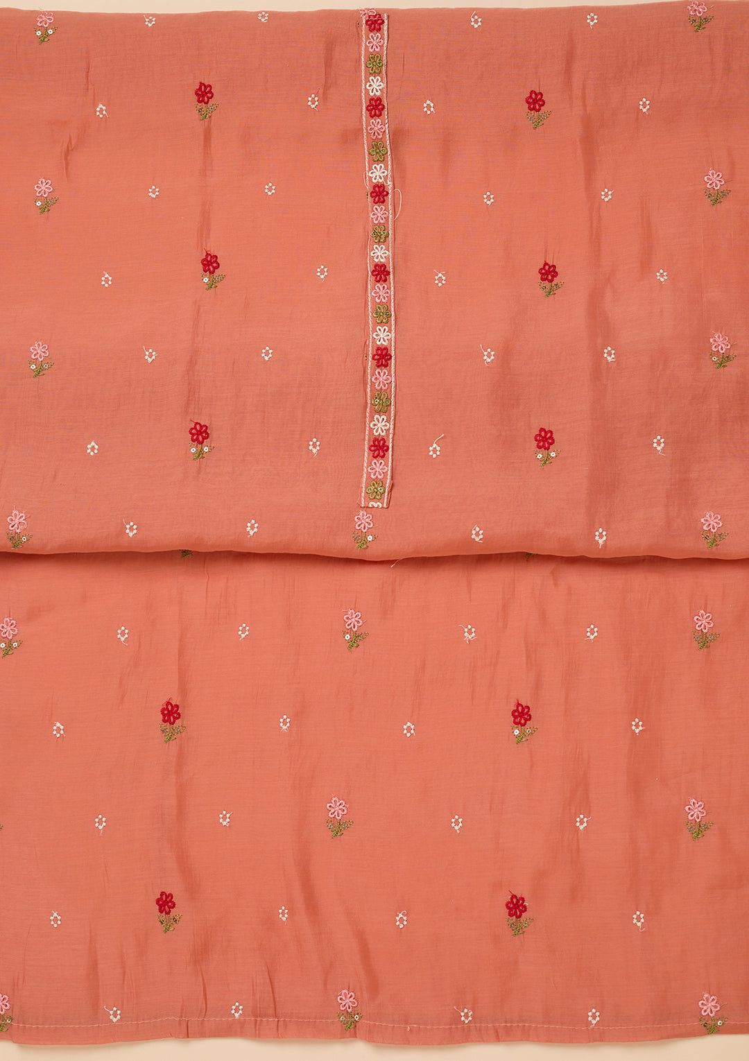 Peach Chanderi Threadwork Unstitched Dress Material With Matching Bottom And Dupatta
