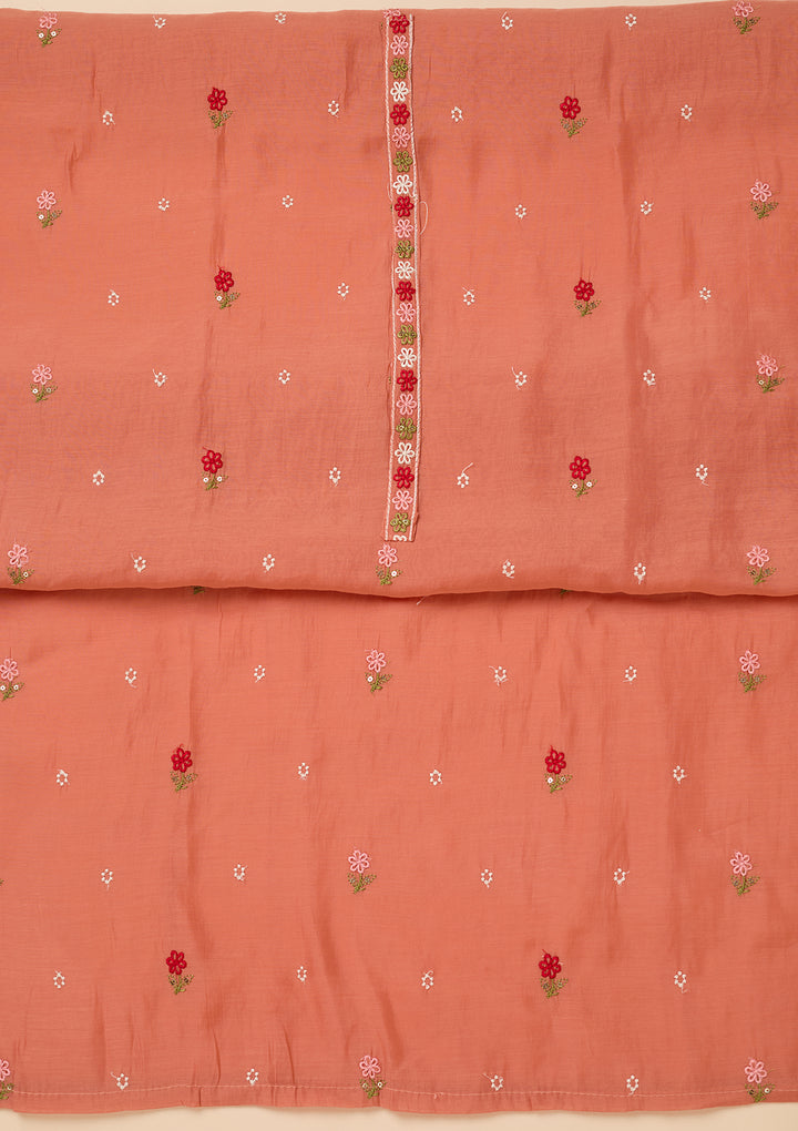 Peach Chanderi Threadwork Unstitched Dress Material With Matching Bottom And Dupatta