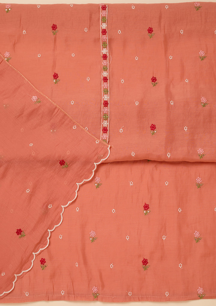 Peach Chanderi Threadwork Unstitched Dress Material With Matching Bottom And Dupatta
