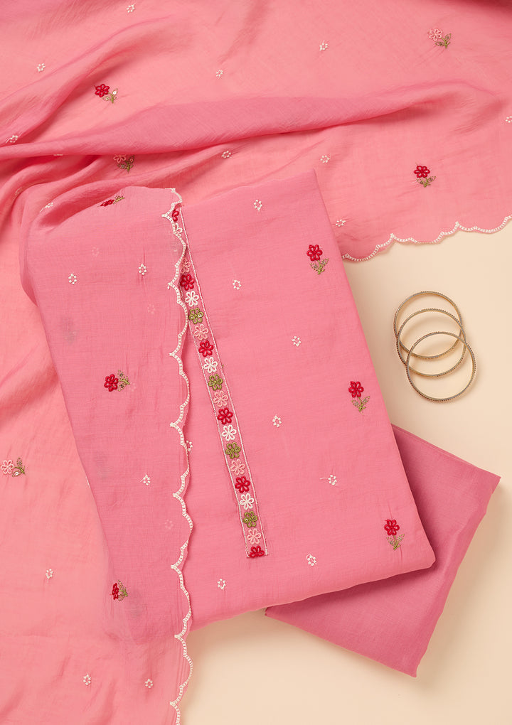 Pink Chanderi Threadwork Unstitched Dress Material With Matching Bottom And Dupatta