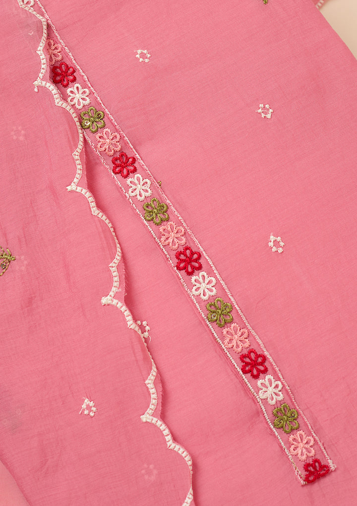 Pink Chanderi Threadwork Unstitched Dress Material With Matching Bottom And Dupatta
