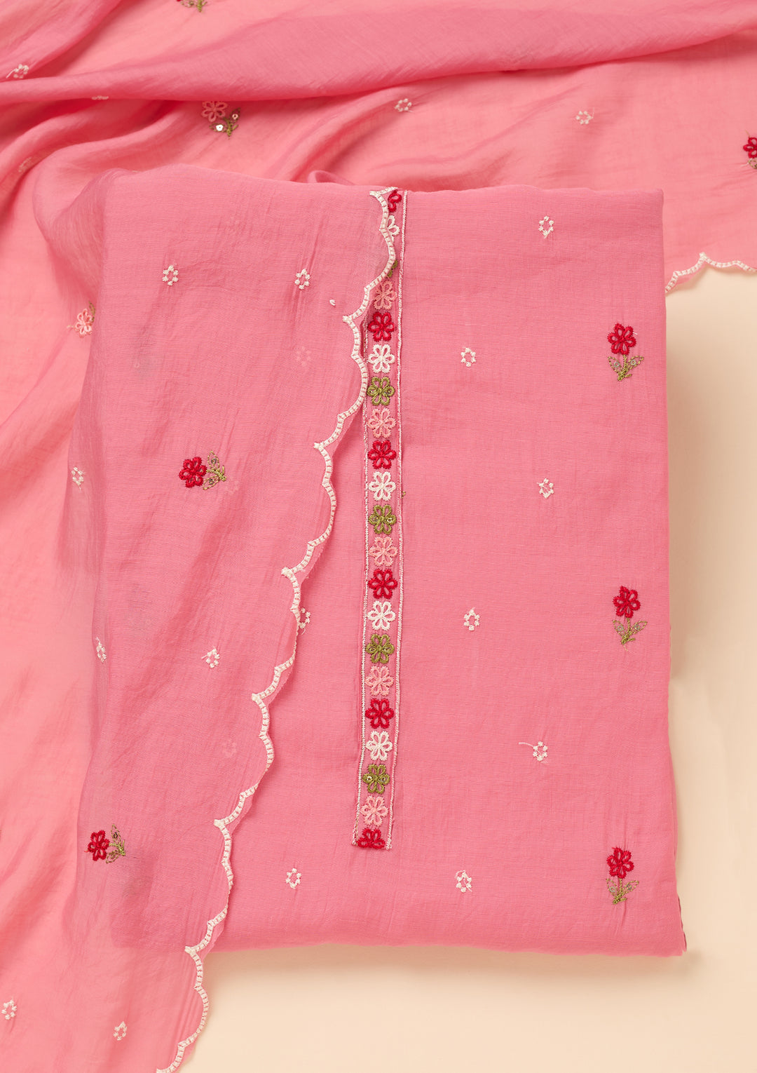 Pink Chanderi Threadwork Unstitched Dress Material With Matching Bottom And Dupatta