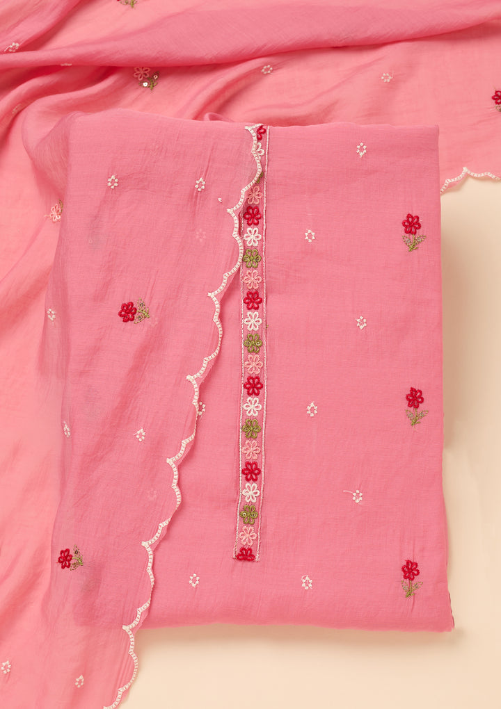 Pink Chanderi Threadwork Unstitched Dress Material With Matching Bottom And Dupatta