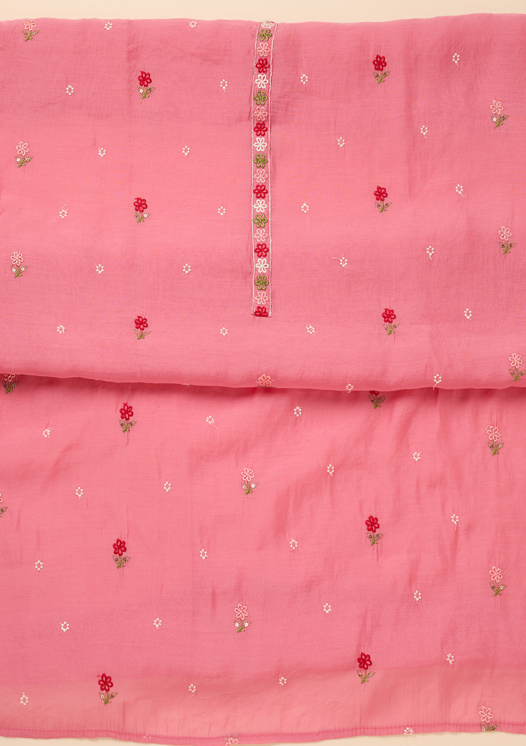 Pink Chanderi Threadwork Unstitched Dress Material With Matching Bottom And Dupatta