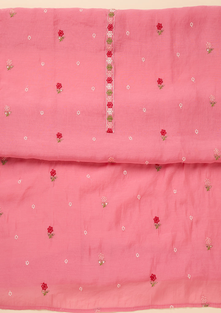 Pink Chanderi Threadwork Unstitched Dress Material With Matching Bottom And Dupatta