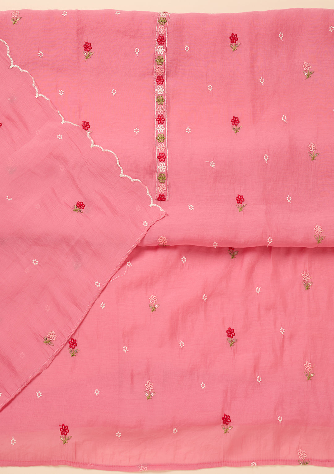 Pink Chanderi Threadwork Unstitched Dress Material With Matching Bottom And Dupatta