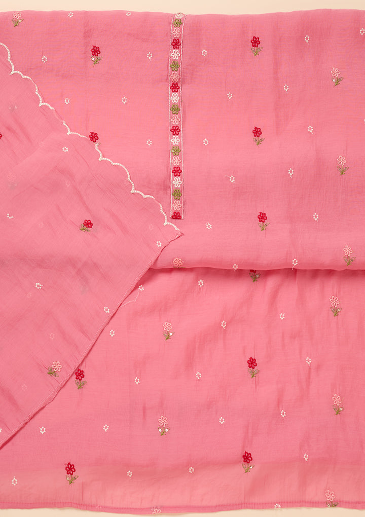 Pink Chanderi Threadwork Unstitched Dress Material With Matching Bottom And Dupatta
