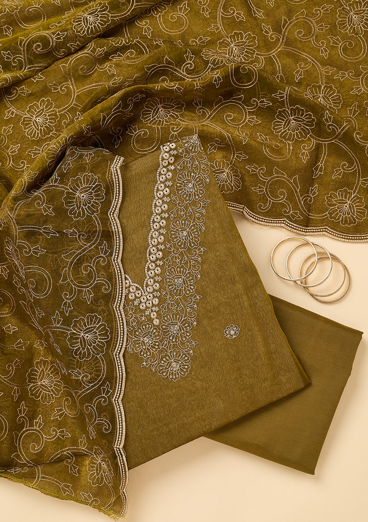 Mehendi Shimmer Threadwork Unstitched Dress Material With Matching Bottom And Dupatta
