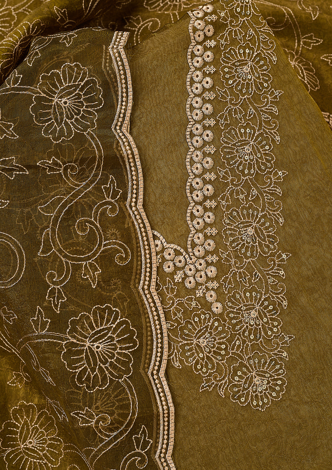 Mehendi Shimmer Threadwork Unstitched Dress Material With Matching Bottom And Dupatta