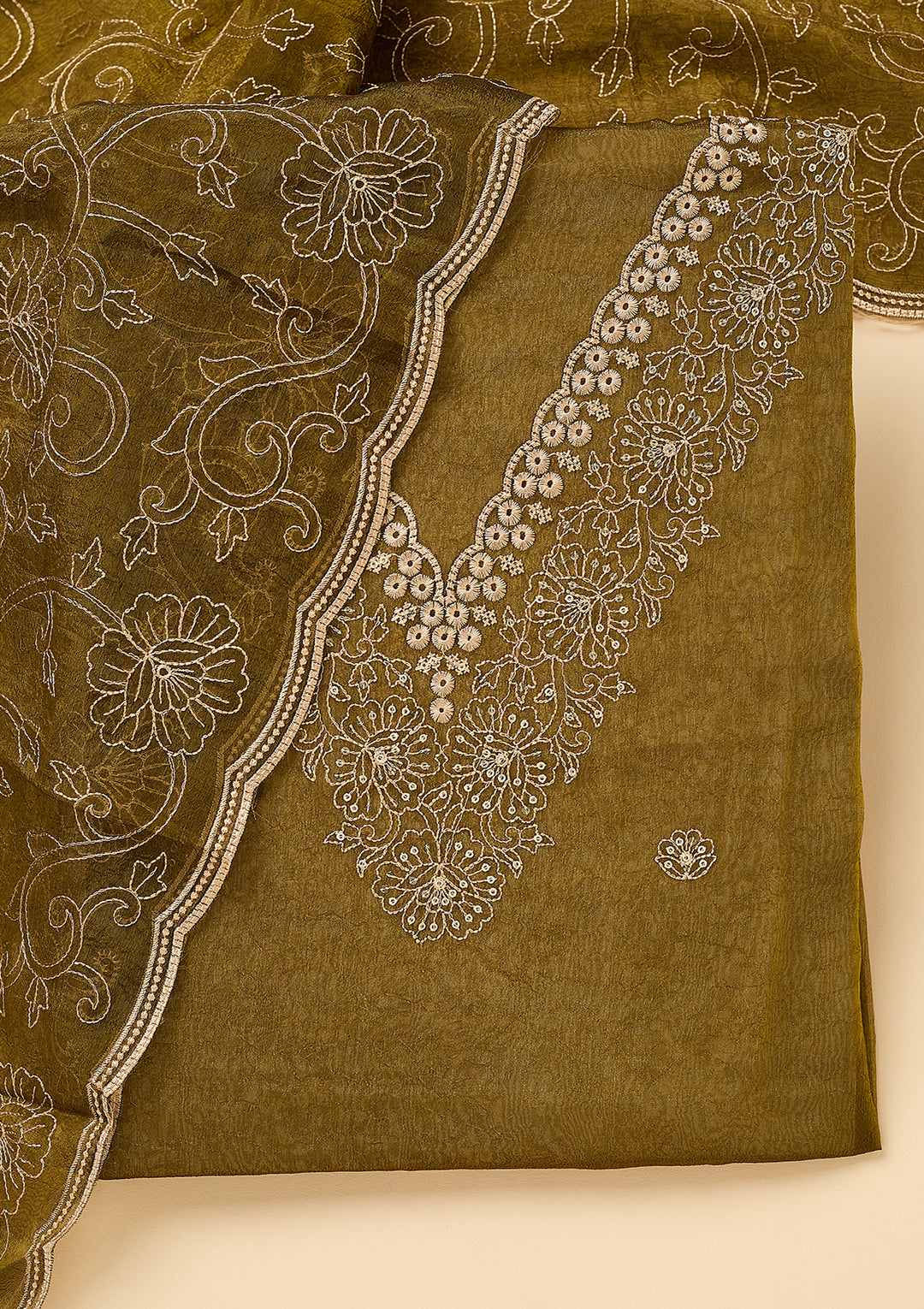 Mehendi Shimmer Threadwork Unstitched Dress Material With Matching Bottom And Dupatta