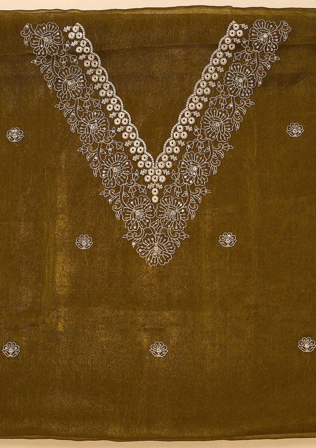 Mehendi Shimmer Threadwork Unstitched Dress Material With Matching Bottom And Dupatta